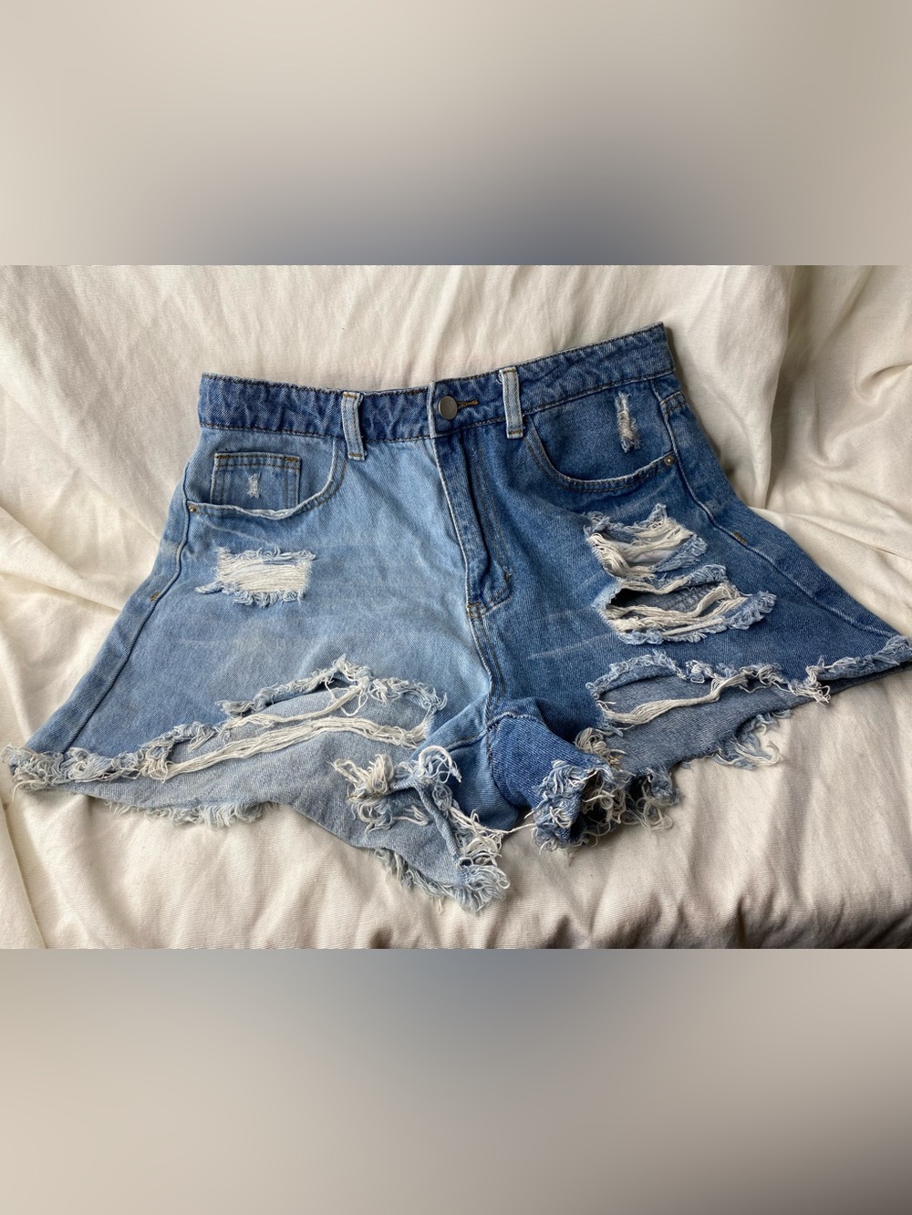 SHEIN Two-Tone Ripped Blue Denim Shorts